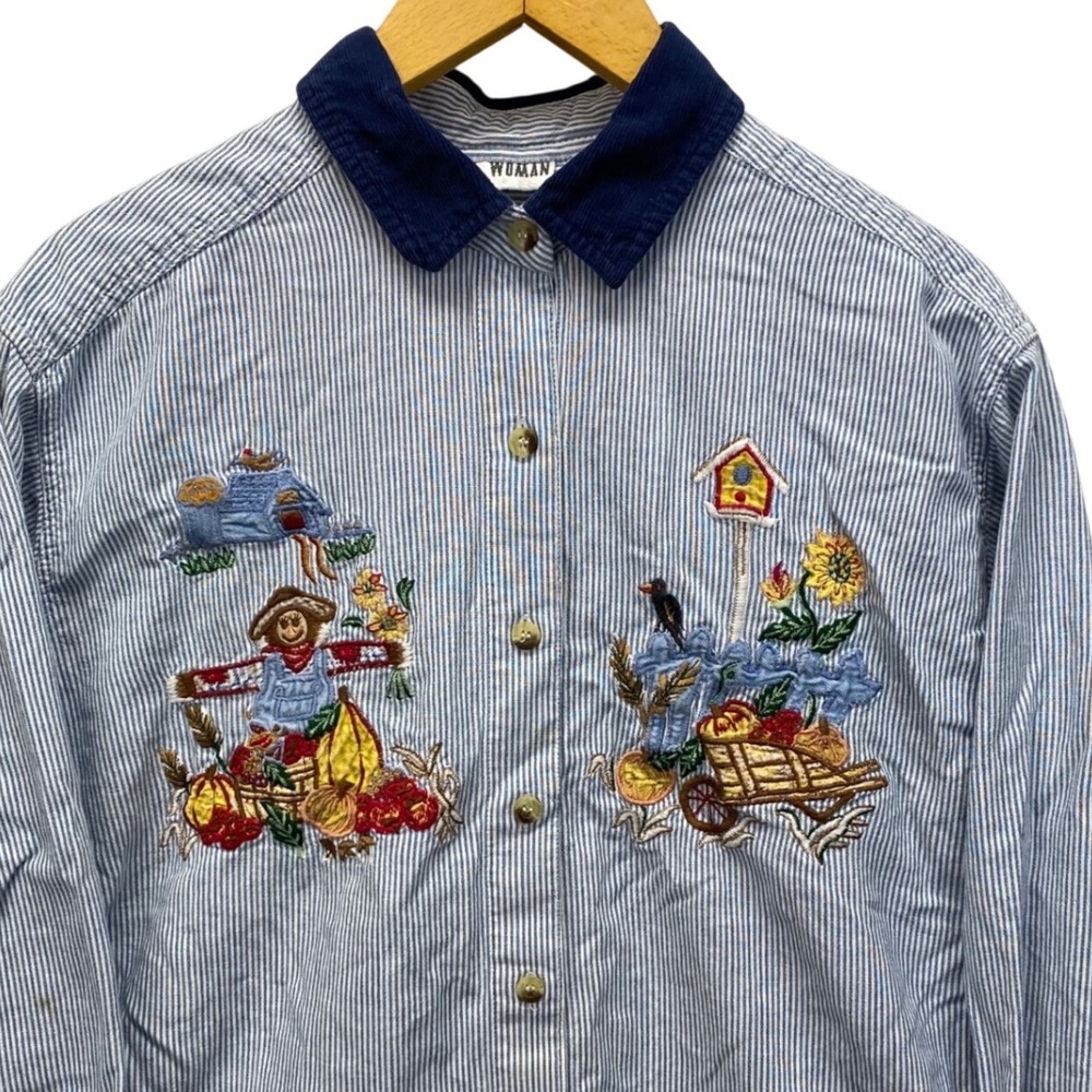 YJ Woman Button Down Shirt 18W Blue Pinstripe Embroidered Fall Scarecrow Read
